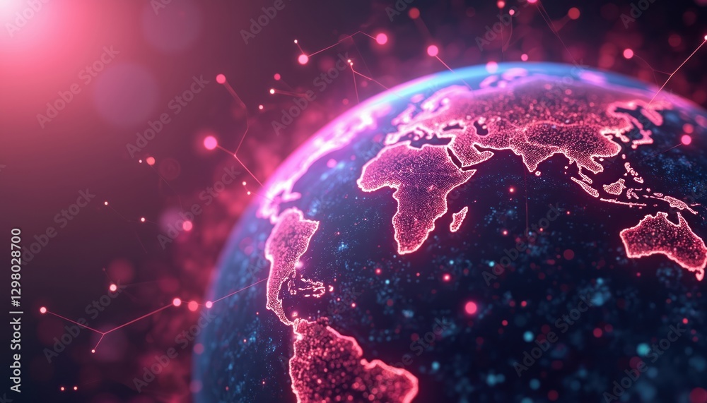 Poster futuristic world tech corporate hi-tech background. earth planet connecting dots, lines with glowing