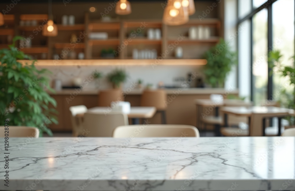 Poster bokeh effect in bright office interior with white marble stone tabletop for product display. blurred