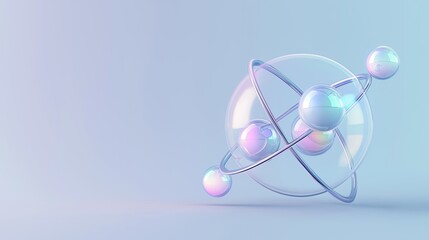 3d rendering of an atom. the atom is made up of three spheres connected by a thin metal ring. the spheres are of different sizes and colors - pink, blue, and green.