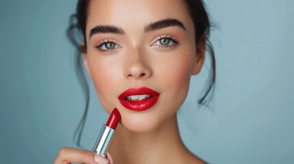 A confident woman with flawless skin and bold red lips applies lipstick. Her striking gaze, defined brows, and radiant complexion enhance the beauty aesthetic