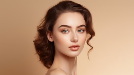 Fototapeta premium Close-up portrait of a young woman with flawless skin, striking blue eyes, and softly curled brown hair. Her poised expression enhances her natural beauty against a warm background