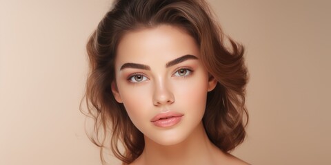Naklejka premium Close-up portrait of a young woman with flawless skin, wavy brown hair, and expressive eyes. Her soft makeup and neutral background create a natural, elegant look