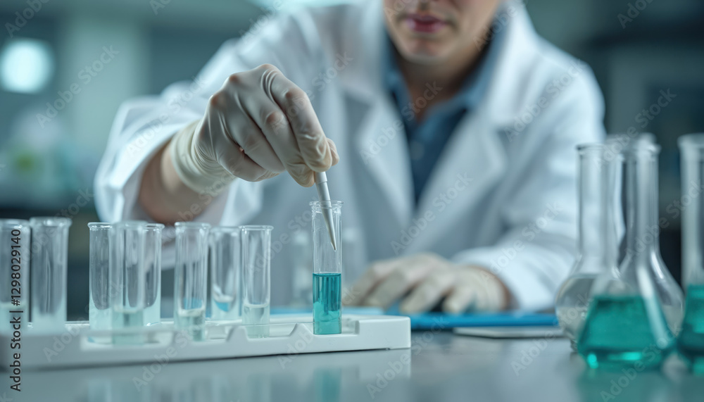 Aufkleber Close up of scientist mixing liquid in test tube in lab. White lab coat and gloves on. Row of empty clear glass tubes on table. Scientific research experiment, analysis. Chemistry, science concept.