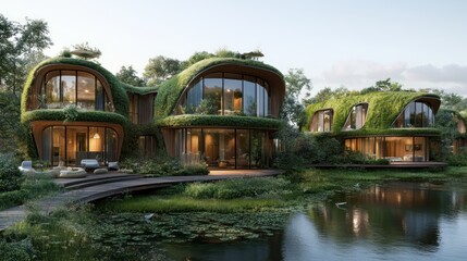 Modern eco-friendly houses with green roofs and lake view.