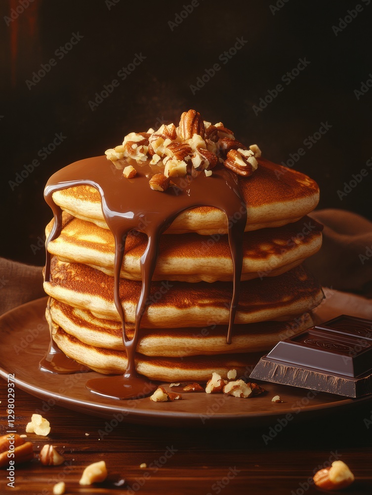 Poster delicious stack of pancakes topped with melted chocolate and chopped nuts on a wooden table. generat