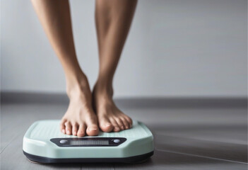 Fototapeta premium Feet and scales closeup, weight loss program, measure dieting results. Slimming and weight loss diet, exercise, yoga or nutrient poster, banner or flyer idea.