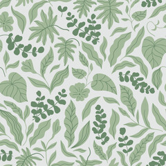Seamless pattern with tropical leaves. Hand-drawn stylized leaves repeat background. Botany endless illustration.