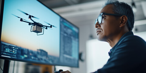 Innovative man using technology to control drone on computer screen