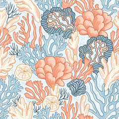 Vector seabed seamless pattern. Coral and algae in hand-drawn style. Coral repeat texture for fabric, wallpaper or wrappaper design. 