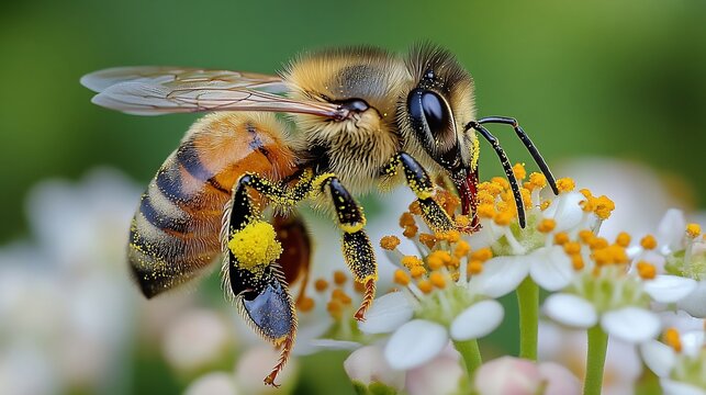 Bustling Honeybee collecting nectar from a blooming flower its fuzzy golden body covered in pollen delicate wings buzzing rapidly nature's tiny pollinator in action