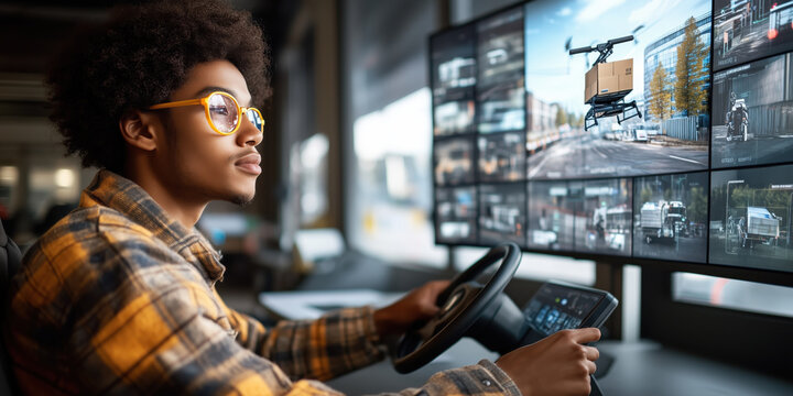 Young man in glasses controls drone while monitoring multiple screens