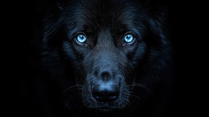 Dramatic pet portrait gaze concept. A striking close-up of a black dog with intense blue eyes, set against a dark background, creating a captivating and mysterious atmosphere.