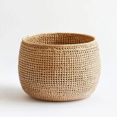 Beige Round Woven Basket on White Background