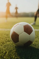 Fototapeta premium Close-up of soccer ball on grass field with players in action be