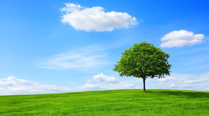 Obraz premium Single Tree on a Green Hill under a Blue Sky