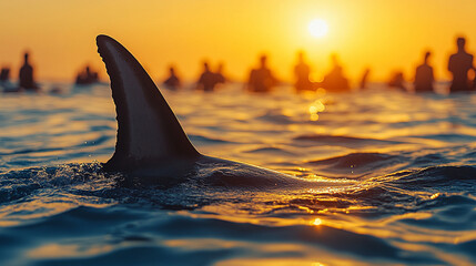 Fototapeta premium dangerous shark's fin emerging from the ocean, symbolizing danger and nature's power, with blurred vacationers in the background enjoying the water