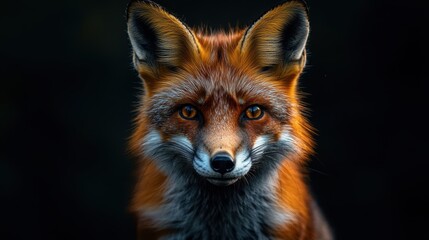 Fototapeta premium Dramatic pet portrait gaze concept. A striking close-up of a fox, showcasing its vibrant orange fur and piercing eyes against a dark background.