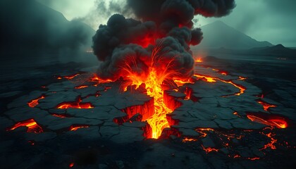 Eruption of a Volcano on a desolate landscape, a powerful display