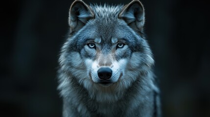 Obraz premium Dramatic pet portrait gaze concept. A striking close-up of a wolf showcasing its intense gaze and detailed fur against a dark background.