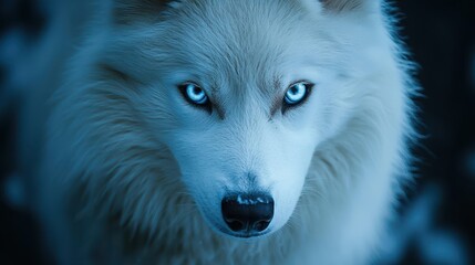 Obraz premium Dramatic pet portrait gaze concept. A stunning close-up of a white wolf, showcasing its piercing blue eyes and fluffy fur against a cool, bluish backdrop.
