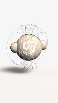 Vertical Oganesson Og 118 3d atom model animation gas element from periodic table on clean white background