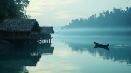 Fototapeta premium Mist Shrouds Still Lake with Water Houses