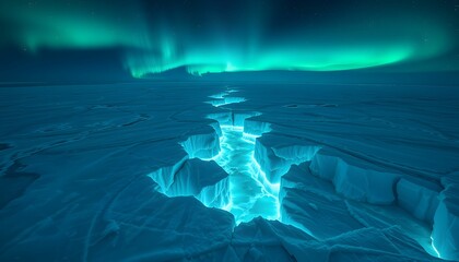 Aurora Borealis Over a Frozen Landscape With Ice Canyons