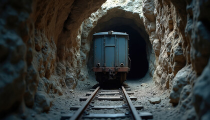 Old mining cart sits on railroad in dark narrow mine tunnel. Interior view of shaft with stone walls. Concept of industry, labor, work, historic extraction, mineral exploration.