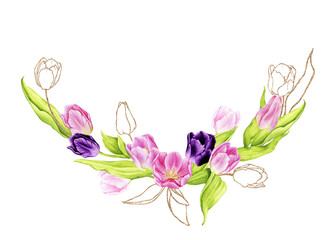 Watercolor tulip wreath  with gold. Composition for postcards, greeting cards, posters, invitations. Spring, Wedding, Mother's Day, Easter, Women's Day, Birthday. Hand drawn illustration.
