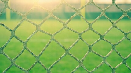 Fototapeta premium Netting glimmers under sunlight, framing lush green grass of soc