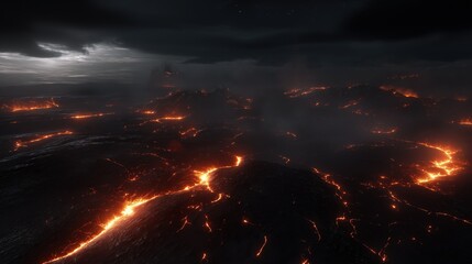 Fototapeta premium Landscape photograph of a volcano at night. the sky is dark and cloudy, and the horizon is visible in the distance.