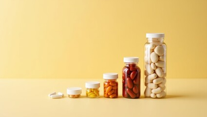Growth Supplements. Four pill bottles with colorful capsules sorted by