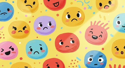 Vibrant Colorful Cartoon Emojis Displaying Various Emotions: A Delightful Pattern of Happy and Sad Faces