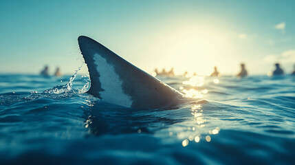 Fototapeta premium dangerous shark's fin emerging from the ocean, symbolizing danger and nature's power, with blurred vacationers in the background enjoying the water