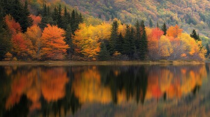 Obraz premium Autumn foliage reflected in calm lake water.