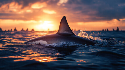 dangerous shark's fin emerging from the ocean, symbolizing danger and nature's power, with blurred vacationers in the background enjoying the water