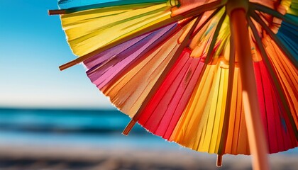 Macro tropical cocktail umbrella: bright colors of paper stand out.  Fun, festive summer vibe.  Ideal for party, vacation, and vibrant backgrounds.

