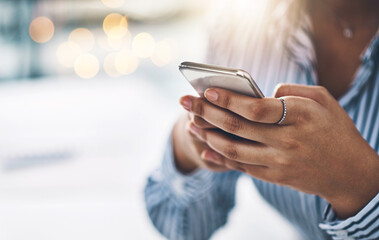 Hands, phone and contact with business woman in office for client feedback, communication and app. Online news, networking and virtual advisor with person and mobile for closeup, space and typing