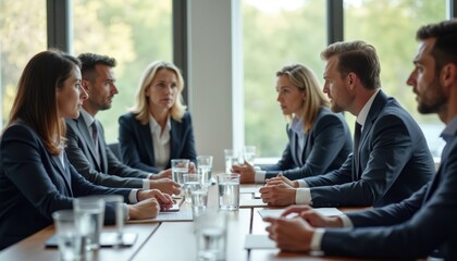 Fototapeta premium Formal political meeting in Tenerife. Business people colleagues sit at desk, listen to speaker. Businessmen, businesswomen discuss project in conference room. Teamwork collaboration, communication,