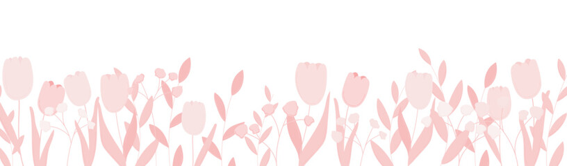 Flower border for spring botanical illustration. Wildflower print with pink tulip bloom and leaf graphic element. Floral design for meadow banner. Blossom decor isolated on white background.