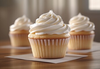 Delicious vanilla cupcakes with creamy frosting displayed on a wooden table in a soft, warmly lit environment