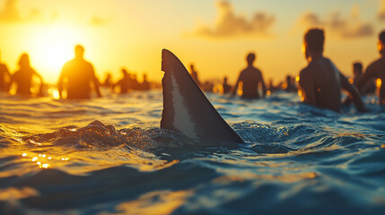 dangerous shark's fin emerging from the ocean, symbolizing danger and nature's power, with blurred vacationers in the background enjoying the water