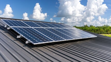 Solar panels on roof, sunny day, green field background; renewable energy