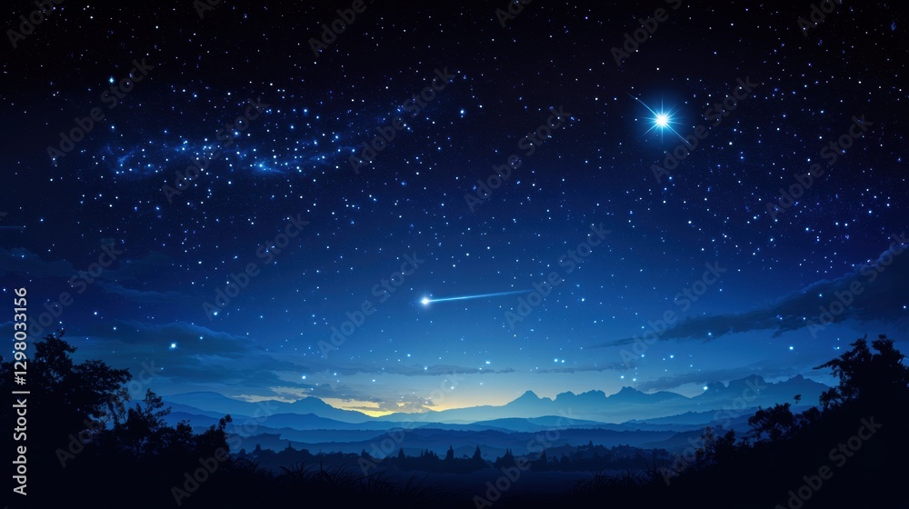 Poster starlit sky over mountain landscape at dusk with shooting star and constellation shining brightly. g