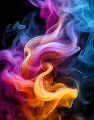 Fototapeta premium Macro abstract colorful smoke swirls, vibrant hues blending smoothly in air. Dynamic, ethereal texture. Ideal for artistic backgrounds and creative overlays