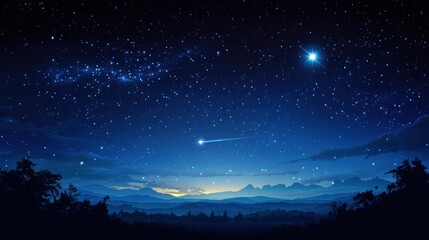 Fototapeta premium Starlit sky over mountain landscape at dusk with shooting star and constellation shining brightly. Generative AI