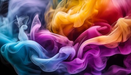 Macro abstract colorful smoke swirls, vibrant hues blending smoothly in air.  Dynamic, ethereal texture.  Ideal for artistic backgrounds and creative overlays