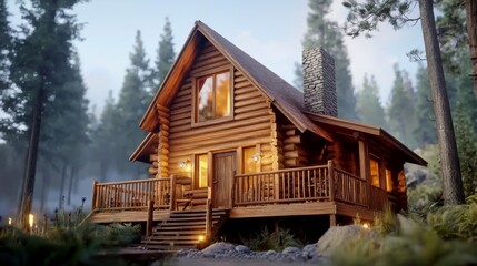 Rustic Log Cabin in a Misty Forest at Dusk