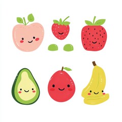 Cute Cartoon Fruits Illustration Happy Faces White Background