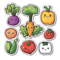 Cute Cartoon Vegetable Stickers Colorful Illustration of Happy Produce